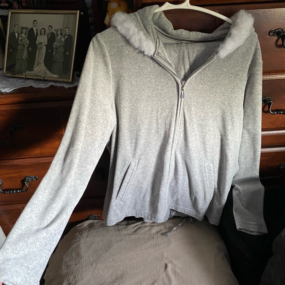 Velour sweat suit in gray with white trimmed hood, full zip